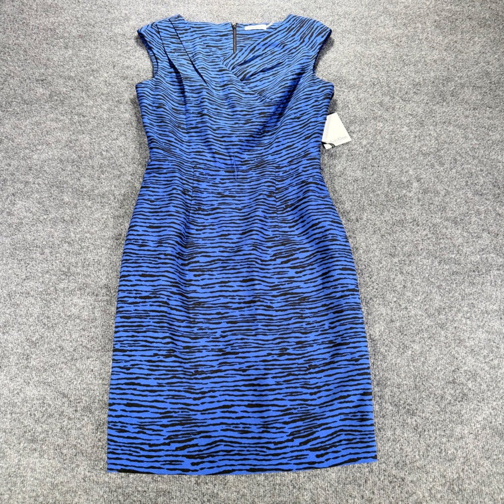 Calvin‎ Klein Sheath Dress Zebra Print Surplice V-Neck Lapis Blue Black 4 Womens